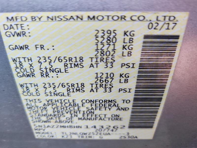 Продаж на аукціоні авто 2017 Nissan Murano, vin: 5N1AZ2MH8HN143262, номер лоту: 67638086