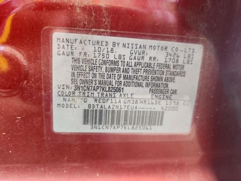 Aukcja sprzedaży 2019 Nissan Versa, vin: 3N1CN7AP7KL825061, numer aukcji: 68823746