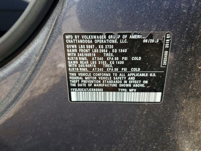 68597616 :رقم المزاد ، 1V2LR2CA7JC582583 vin ، 2018 Volkswagen Atlas مزاد بيع