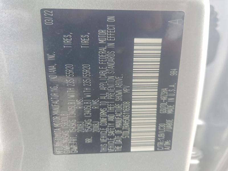 Продаж на аукціоні авто 2022 Toyota Highlander, vin: 5TDLZRAH5NS116908, номер лоту: 69694746
