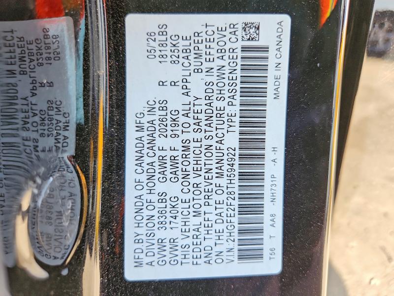 Продажа на аукционе авто 2026 Honda Civic, vin: 2HGFE2F28TH594922, номер лота: 69293106