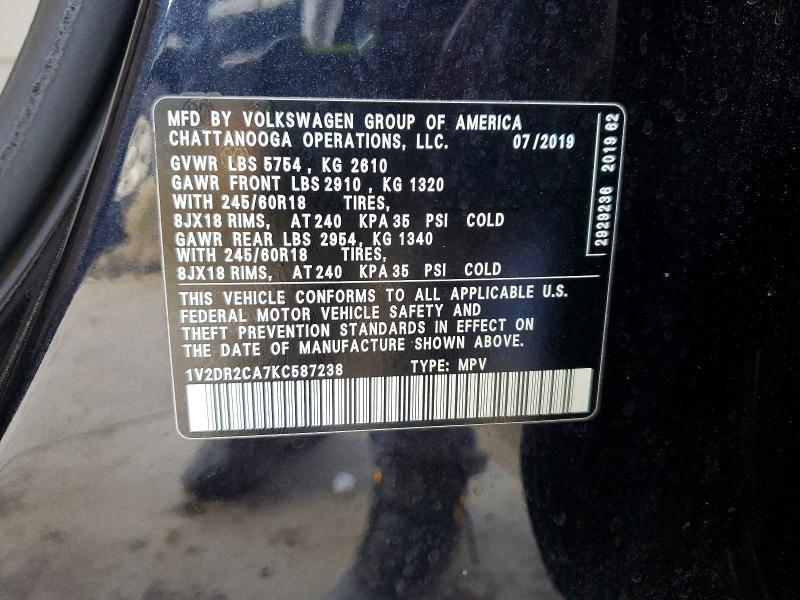 69535426 :رقم المزاد ، 1V2DR2CA7KC587238 vin ، 2019 Volkswagen Atlas مزاد بيع