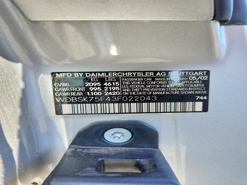 69708896 :رقم المزاد ، WDBSK75F43F022043 vin ، 2003 Mercedes-benz Sl مزاد بيع