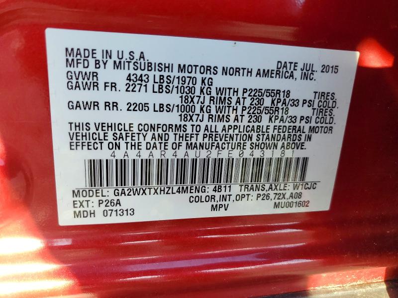 2015 Mitsubishi Outlander Sport მანქანა იყიდება აუქციონზე, vin: 4A4AR4AU2FE043181, აუქციონის ნომერი: 70714096