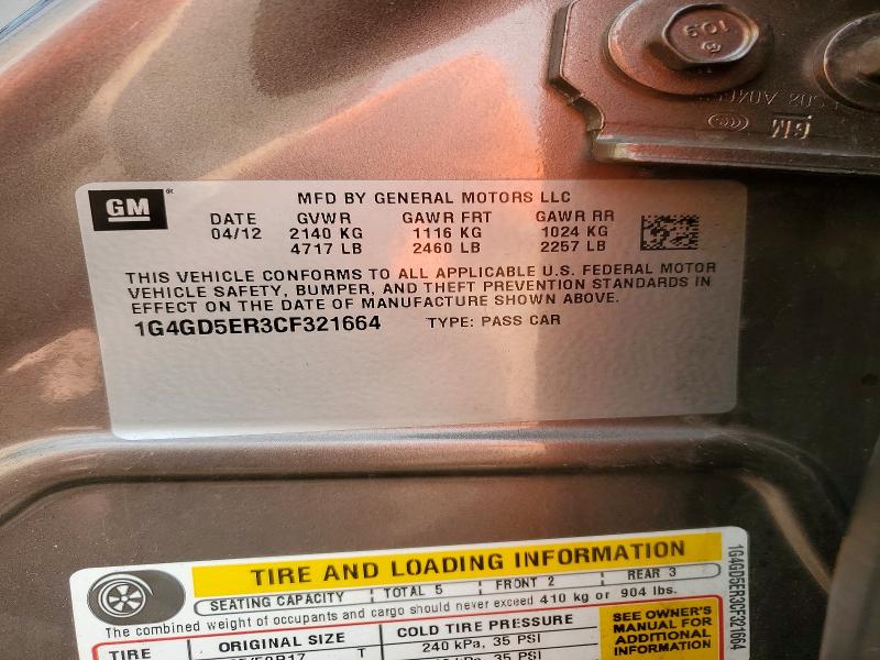 2012 Buick Lacrosse მანქანა იყიდება აუქციონზე, vin: 1G4GD5ER3CF321664, აუქციონის ნომერი: 67607226