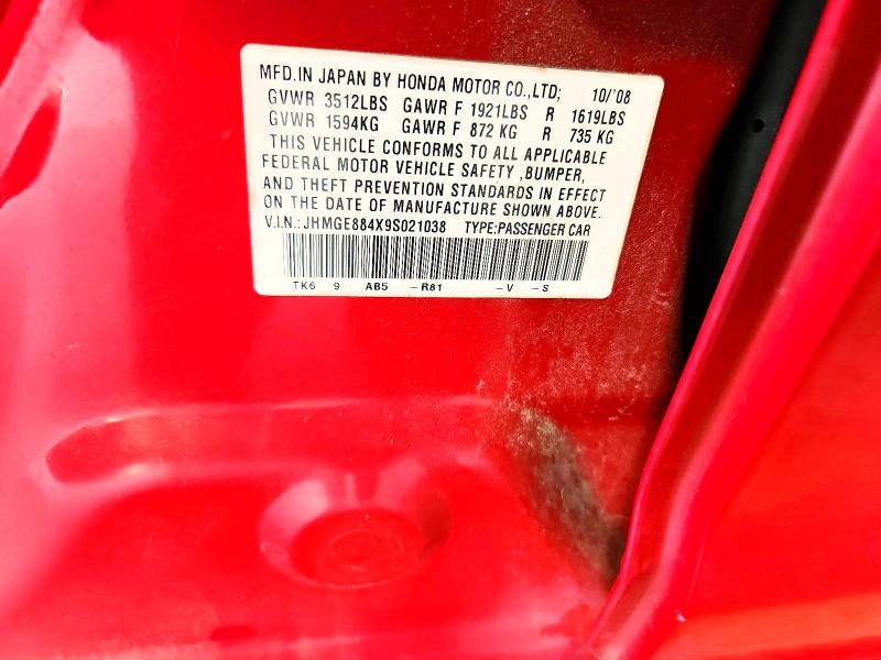 68772916 :رقم المزاد ، JHMGE884X9S021038 vin ، 2009 Honda Fit مزاد بيع