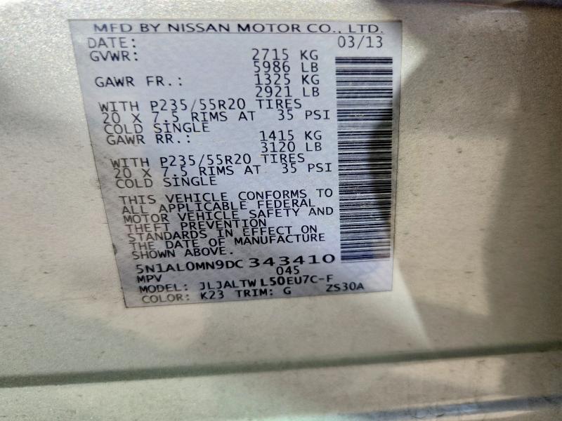 70648036 :رقم المزاد ، 5N1AL0MN9DC343410 vin ، 2013 Infiniti Jx35 مزاد بيع