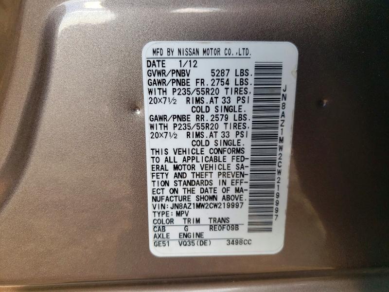 2012 Nissan Murano მანქანა იყიდება აუქციონზე, vin: JN8AZ1MW2CW219997, აუქციონის ნომერი: 67658626