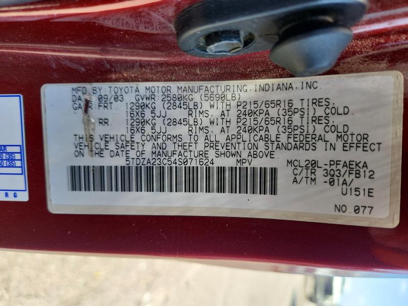 Aukcja sprzedaży 2004 Toyota Sienna, vin: 5TDZA23C54S071624, numer aukcji: 69580626