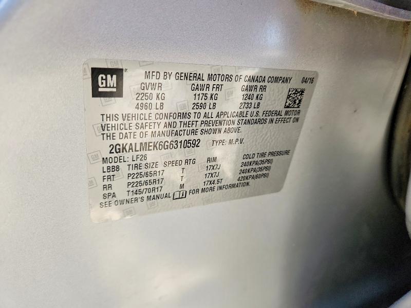 Aukcja sprzedaży 2016 Gmc Terrain, vin: 2GKALMEK6G6310592, numer aukcji: 70631296