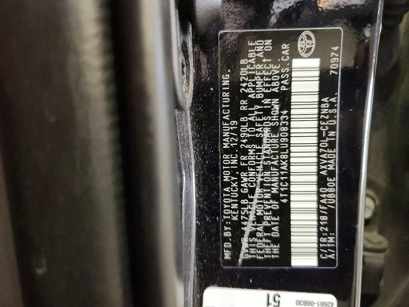 Auction sale of the 2020 Toyota Camry, vin: 4T1C11AK8LU908334, lot number: 70599856