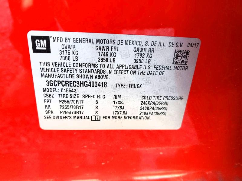 69167856 :رقم المزاد ، 3GCPCREC3HG405418 vin ، 2017 Chevrolet Silverado مزاد بيع
