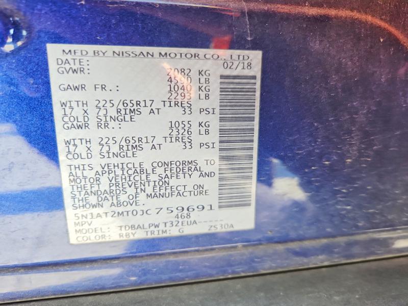 68127716 :رقم المزاد ، 5N1AT2MT0JC759691 vin ، 2018 Nissan Rogue مزاد بيع