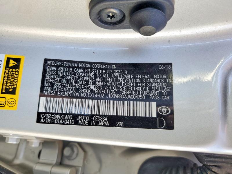 2018 Toyota Mirai მანქანა იყიდება აუქციონზე, vin: JTDBVRBD3JA004750, აუქციონის ნომერი: 69029816