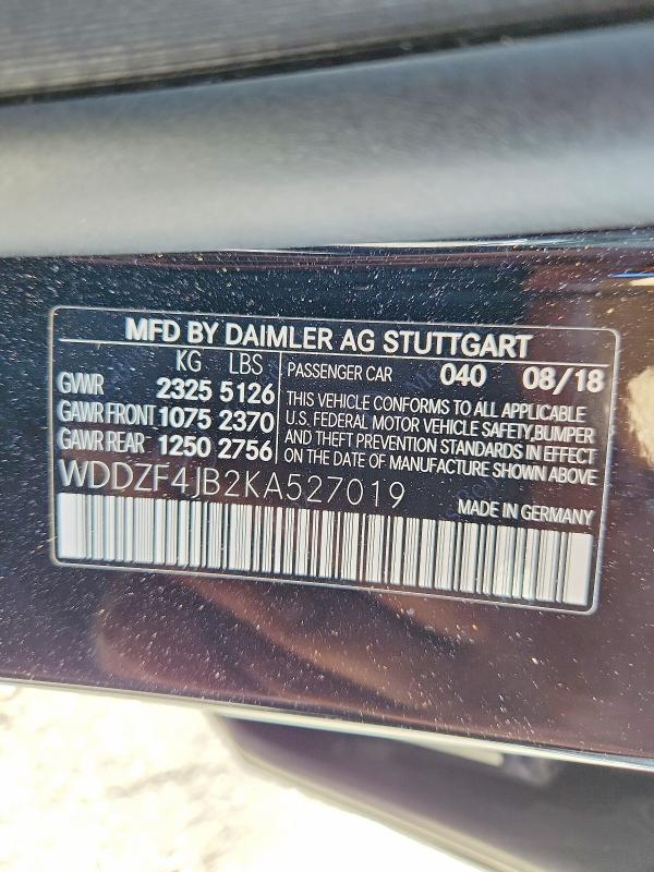 2019 Mercedes-benz E მანქანა იყიდება აუქციონზე, vin: WDDZF4JB2KA527019, აუქციონის ნომერი: 70555736