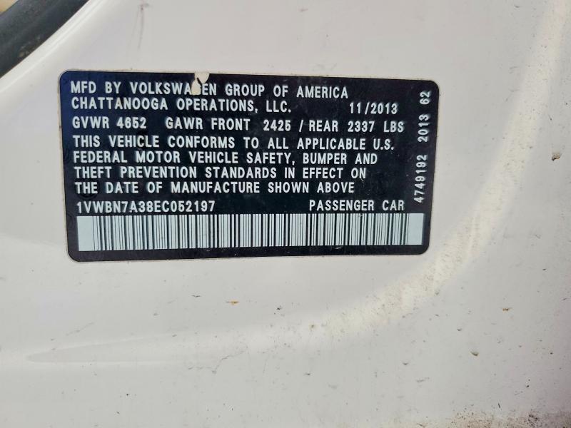2014 Volkswagen Passat მანქანა იყიდება აუქციონზე, vin: 1VWBN7A38EC052197, აუქციონის ნომერი: 67487746