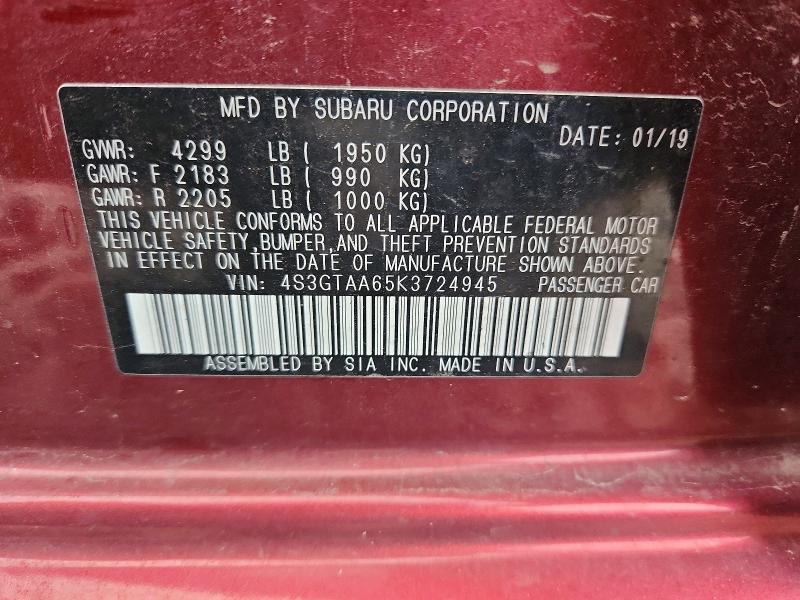 2019 Subaru Impreza მანქანა იყიდება აუქციონზე, vin: 4S3GTAA65K3724945, აუქციონის ნომერი: 70512316