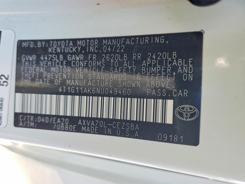 2022 Toyota Camry მანქანა იყიდება აუქციონზე, vin: 4T1G11AK6NU049460, აუქციონის ნომერი: 67193906