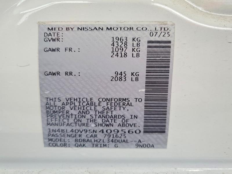 2025 Nissan Altima მანქანა იყიდება აუქციონზე, vin: 1N4BL4DV9SN409560, აუქციონის ნომერი: 68753226