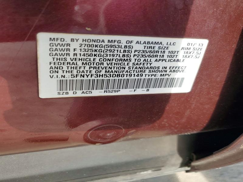 2013 Honda Pilot მანქანა იყიდება აუქციონზე, vin: 5FNYF3H53DB019149        , აუქციონის ნომერი: 68855776