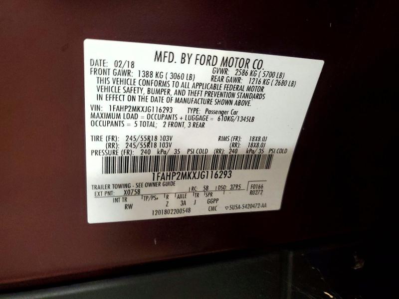 70092126 :رقم المزاد ، 1FAHP2MKXJG116293 vin ، 2018 Ford Taurus مزاد بيع