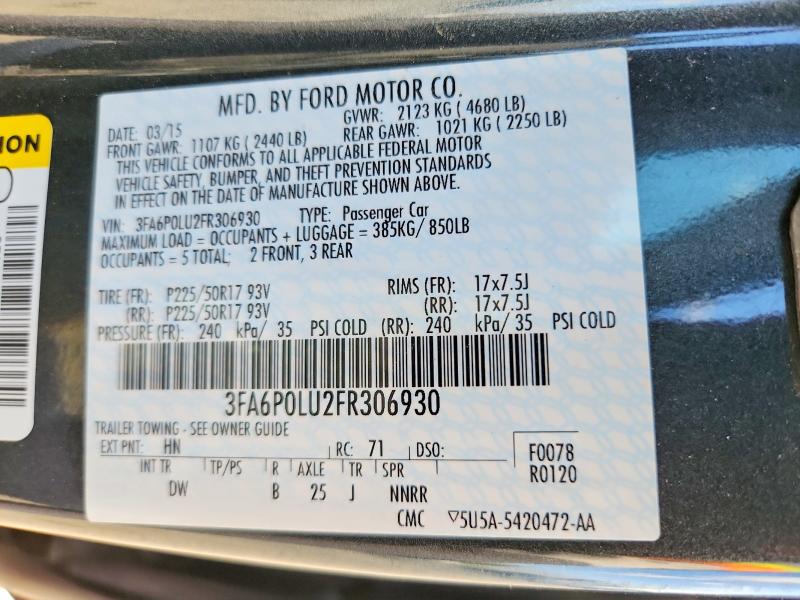 70530996 :رقم المزاد ، 3FA6P0LU2FR306930 vin ، 2015 Ford Fusion مزاد بيع