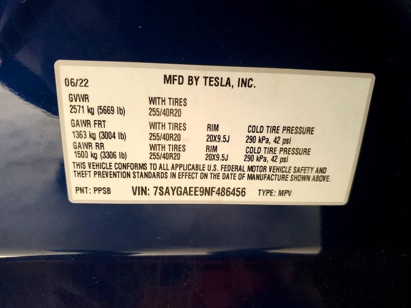 70063916 :رقم المزاد ، 7SAYGAEE9NF486456 vin ، 2022 Tesla Model Y مزاد بيع