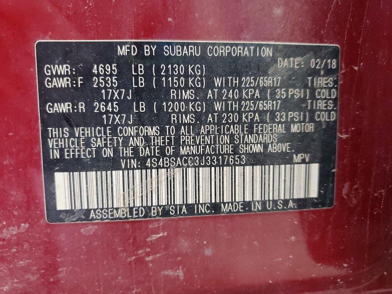 67518386 :رقم المزاد ، 4S4BSACC3J3317653 vin ، 2018 Subaru Outback مزاد بيع