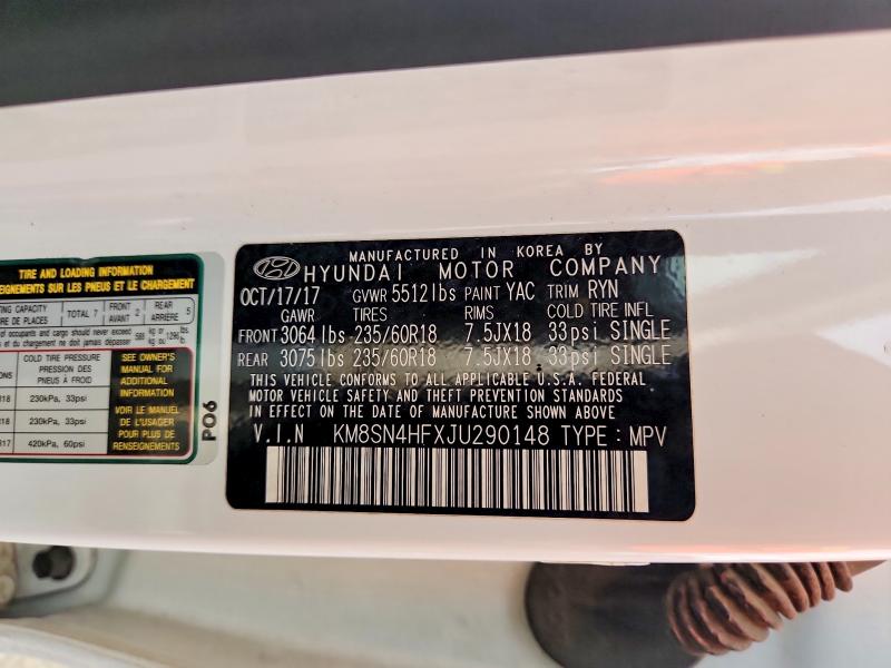 68498286 :رقم المزاد ، KM8SN4HFXJU290148 vin ، 2018 Hyundai Santa Fe مزاد بيع