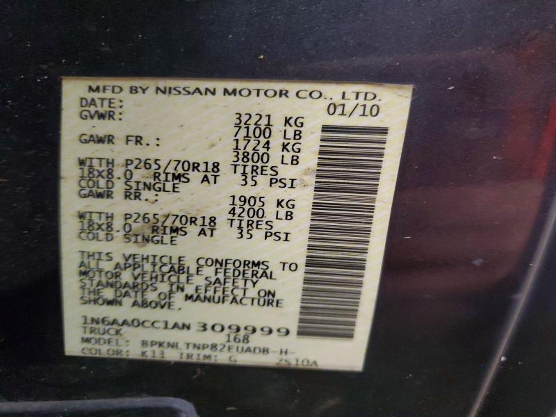2010 Nissan Titan მანქანა იყიდება აუქციონზე, vin: 1N6AA0CC1AN309999, აუქციონის ნომერი: 71228516