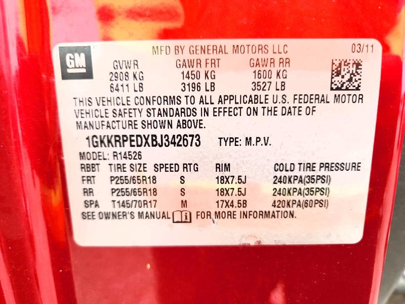 69810166 :رقم المزاد ، 1GKKRPEDXBJ342673 vin ، 2011 Gmc Acadia مزاد بيع