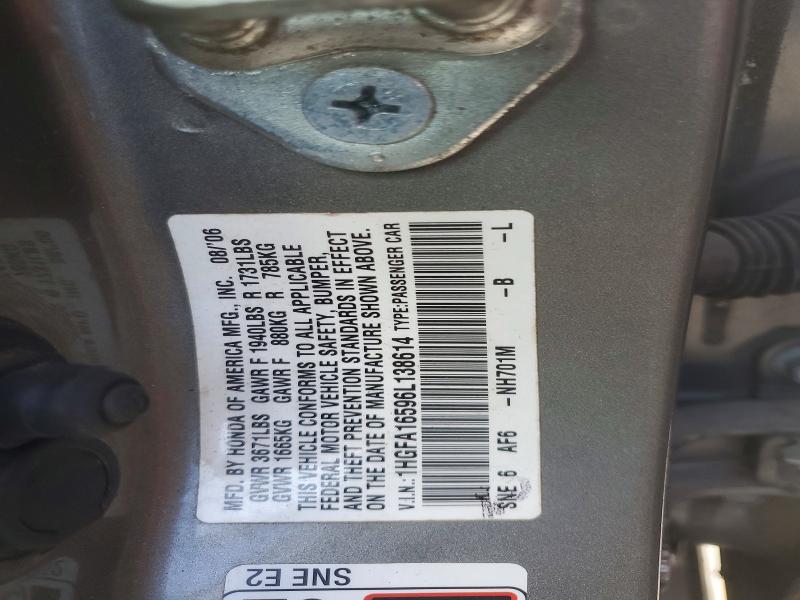 69116186 :رقم المزاد ، 1HGFA16596L138614 vin ، 2006 Honda Civic مزاد بيع