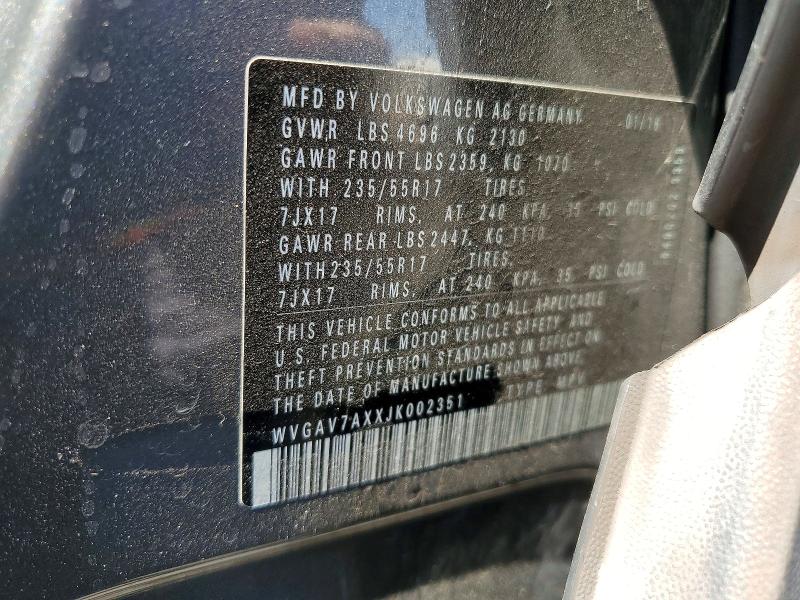 Aukcja sprzedaży 2018 Volkswagen Tiguan Limited, vin: WVGAV7AXXJK002351, numer aukcji: 67220776