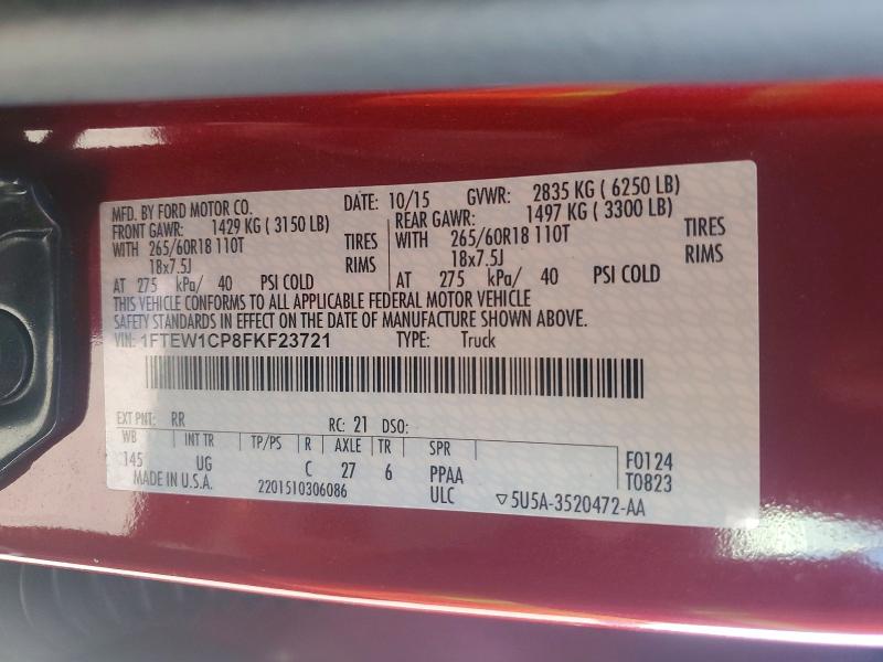 2015 Ford F150 მანქანა იყიდება აუქციონზე, vin: 1FTEW1CP8FKF23721, აუქციონის ნომერი: 68930036
