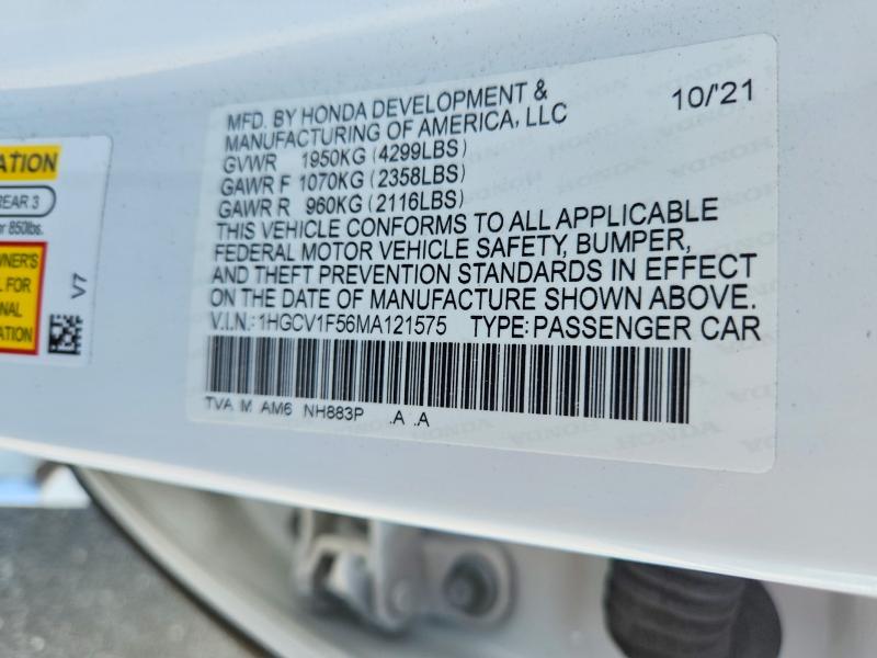 Продаж на аукціоні авто 2021 Honda Accord, vin: 1HGCV1F56MA121575, номер лоту: 70336896