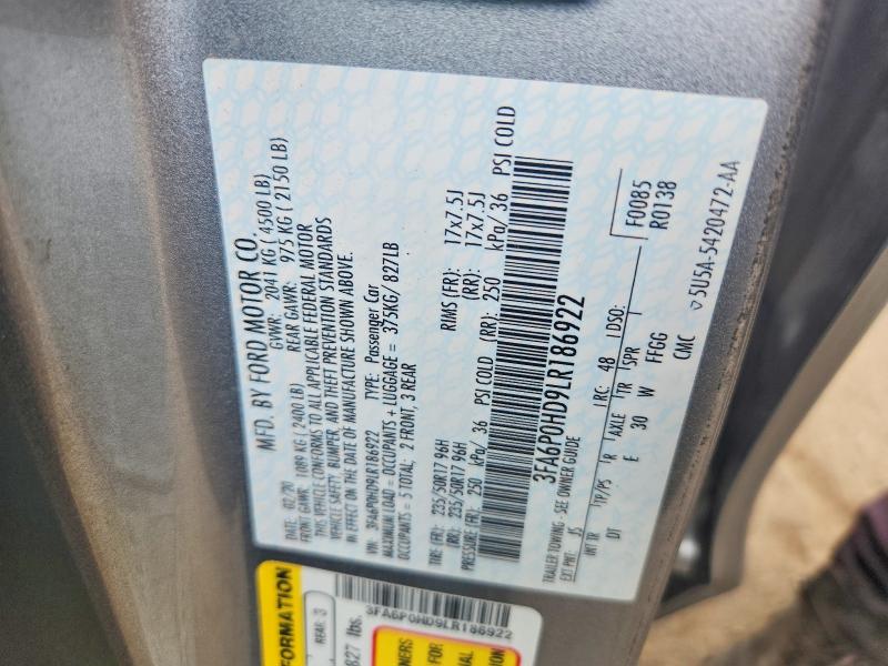 2020 Ford Fusion მანქანა იყიდება აუქციონზე, vin: 3FA6P0HD9LR186922, აუქციონის ნომერი: 67106356