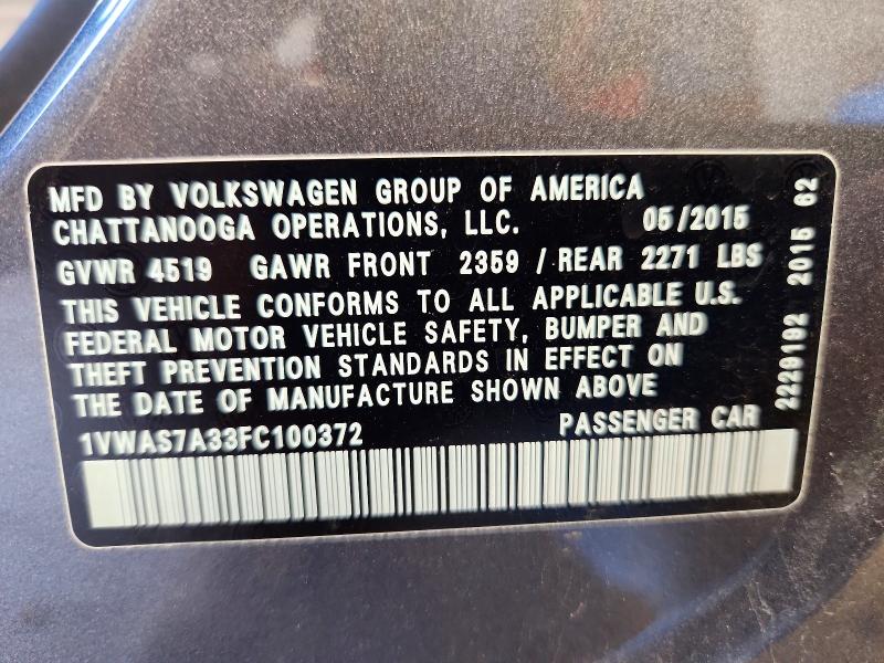 2015 Volkswagen Passat მანქანა იყიდება აუქციონზე, vin: 1VWAS7A33FC100372, აუქციონის ნომერი: 68164366