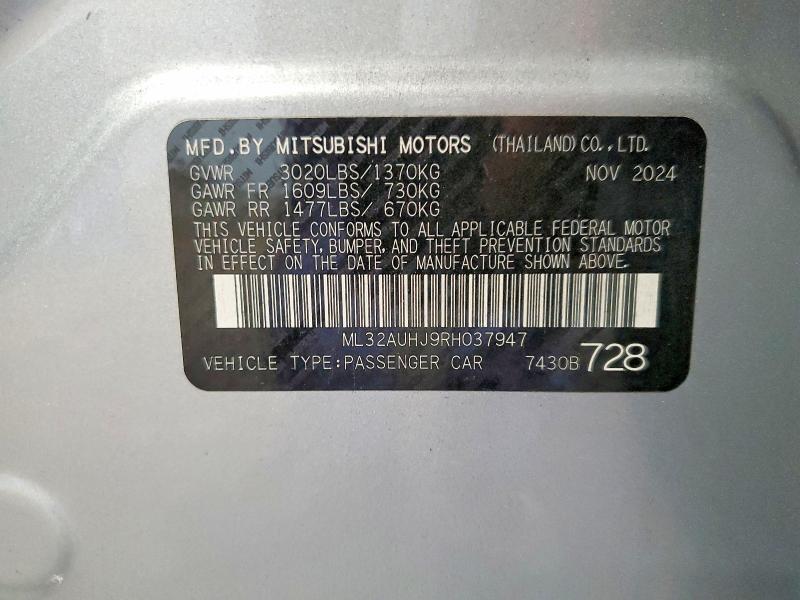 2024 Mitsubishi Mirage მანქანა იყიდება აუქციონზე, vin: ML32AUHJ9RH037947, აუქციონის ნომერი: 68277006
