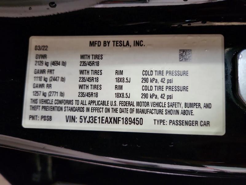 2022 Tesla Model 3 მანქანა იყიდება აუქციონზე, vin: 5YJ3E1EAXNF189450, აუქციონის ნომერი: 68862616