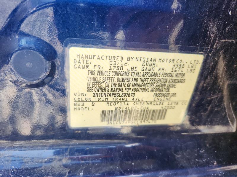 Продажа на аукционе авто 2012 Nissan Versa, vin: 3N1CN7AP5CL897670, номер лота: 70037826