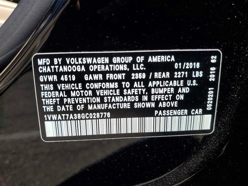 66854956 :رقم المزاد ، 1VWAT7A38GC028776 vin ، 2016 Volkswagen Passat مزاد بيع
