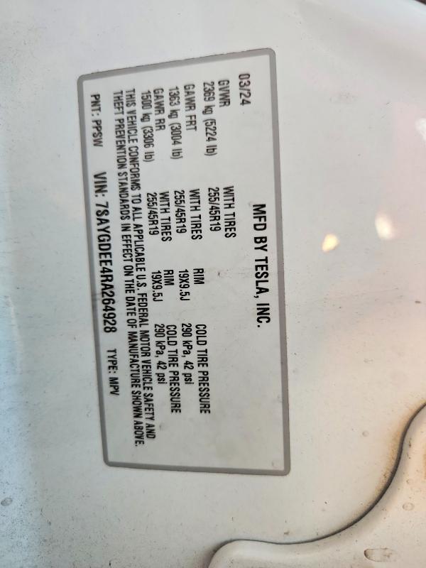 69899426 :رقم المزاد ، 7SAYGDEE4RA264928 vin ، 2024 Tesla Model Y مزاد بيع
