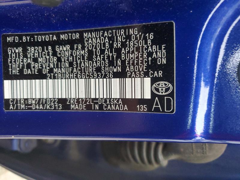 2016 Toyota Corolla მანქანა იყიდება აუქციონზე, vin: 2T1BURHE6GC593736, აუქციონის ნომერი: 69673566