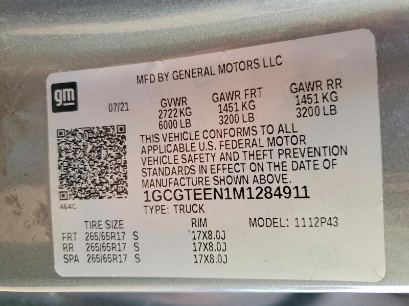 Aukcja sprzedaży 2021 Chevrolet Colorado, vin: 1GCGTEEN1M1284911, numer aukcji: 67208676