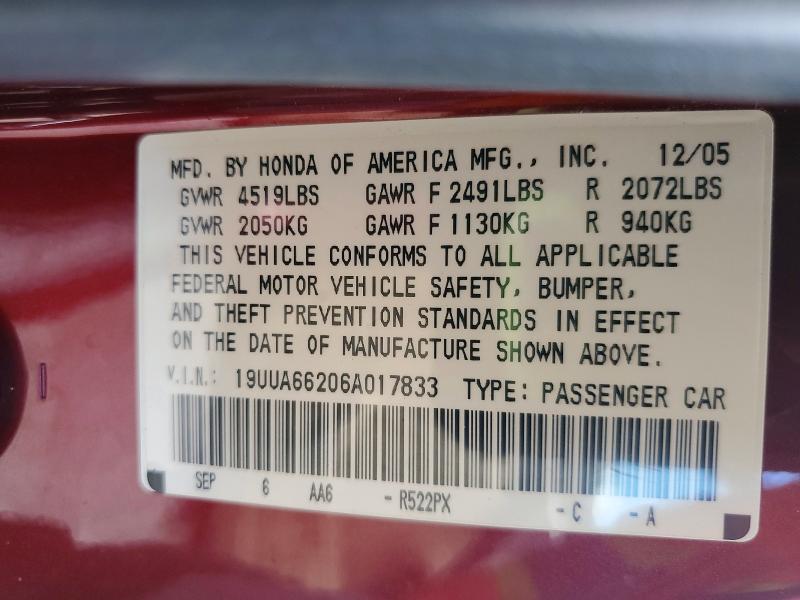 69167776 :رقم المزاد ، 19UUA66206A017833 vin ، 2006 Acura 3.2tl مزاد بيع