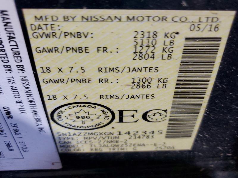 2016 Nissan Murano მანქანა იყიდება აუქციონზე, vin: 5N1AZ2MGXGN142345, აუქციონის ნომერი: 67164446