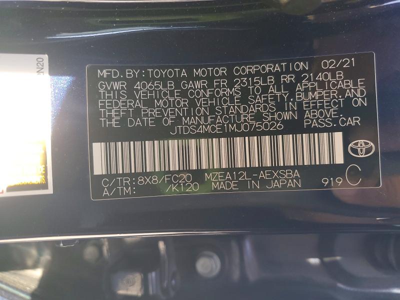 Продажа на аукционе авто 2021 Toyota Corolla, vin: JTDS4MCE1MJ075026, номер лота: 68605986