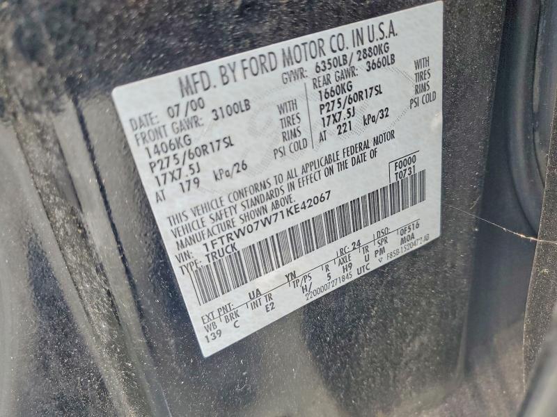 2001 Ford F150 მანქანა იყიდება აუქციონზე, vin: 1FTRW07W71KE42067, აუქციონის ნომერი: 68837906