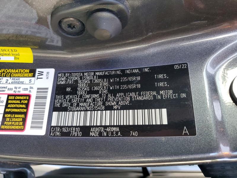 2022 Toyota Highlander Hybrid მანქანა იყიდება აუქციონზე, vin: 5TDGARAH7NS515408, აუქციონის ნომერი: 68997366