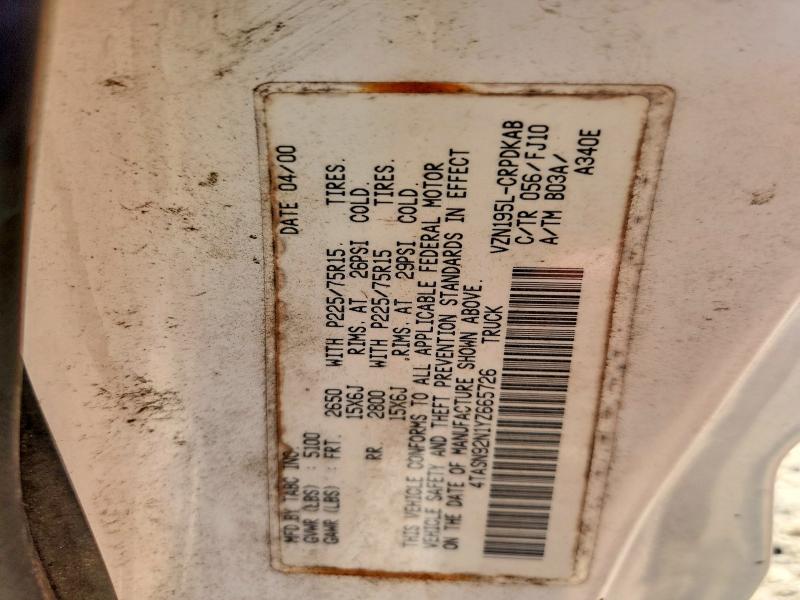 2000 Toyota Tacoma მანქანა იყიდება აუქციონზე, vin: 4TASN92N1YZ665726, აუქციონის ნომერი: 70365416